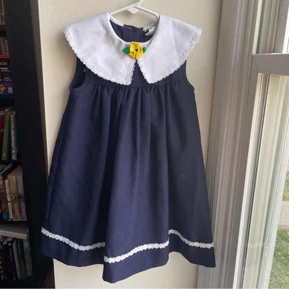 RARE EDITIONS NAVY BLUE WHITE COLLARED FLORAL ACCENT DRESS SIZE